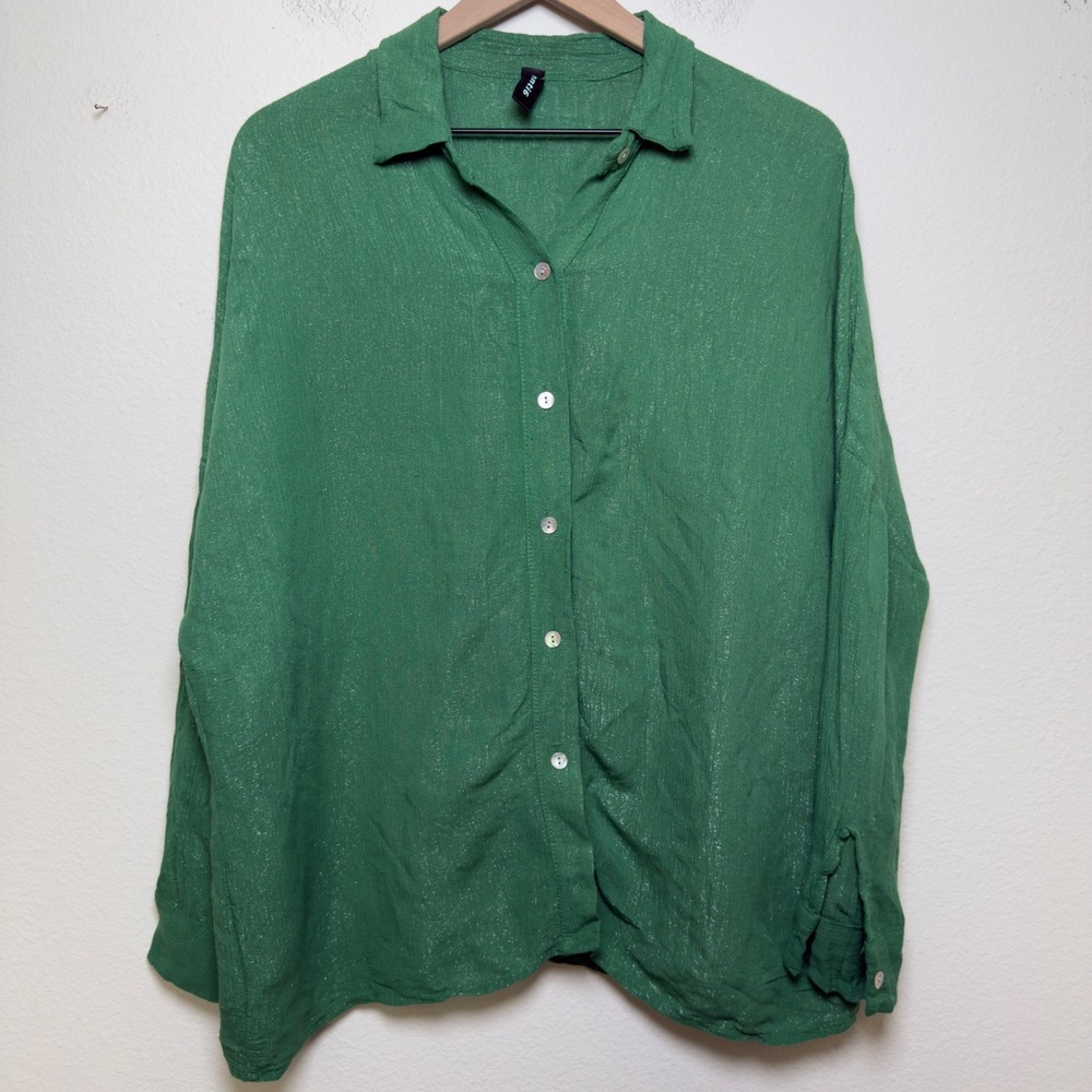 Venti6‎ Women Button Down Shirt Mediun Green Oversized Made in Italy Shimmer
